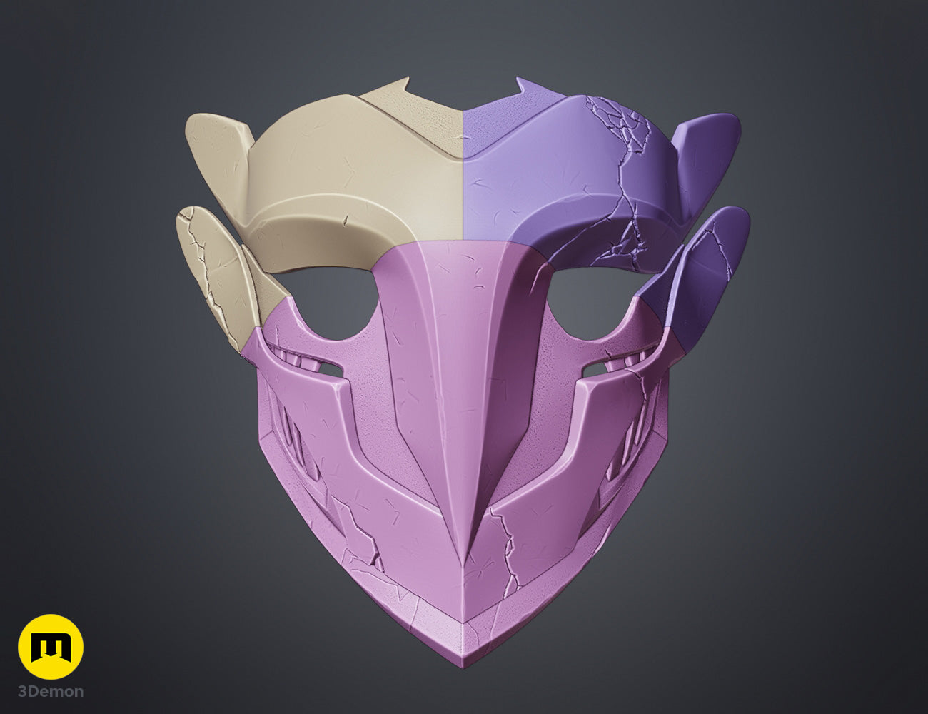 Parts layout render of Ekko Firelighter Mask Arcane showing disassembled faceplate back section goggles and detail inserts on dark surface