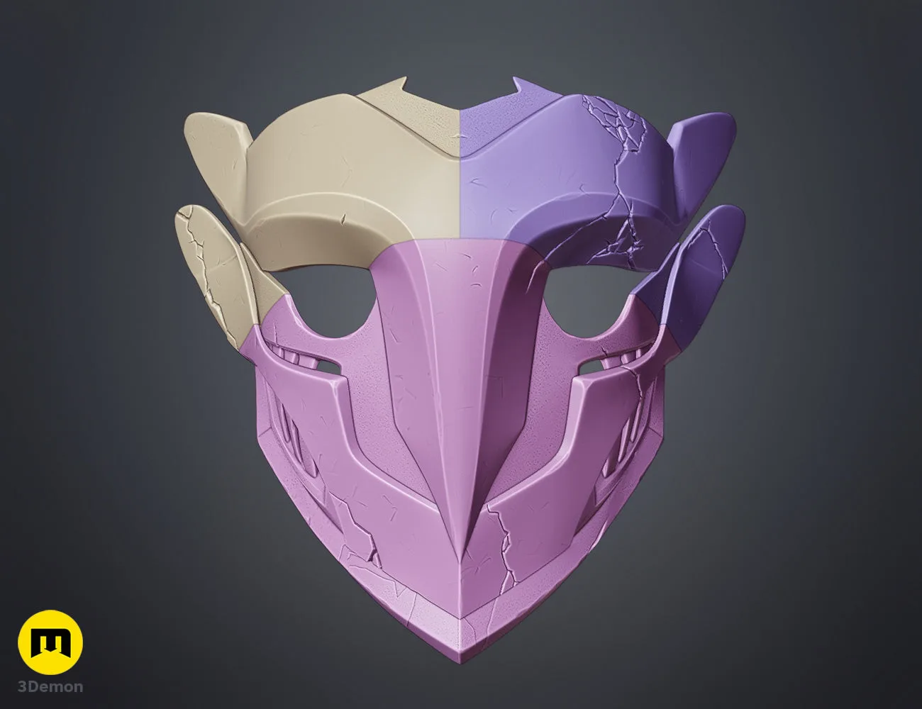 Parts layout render of Ekko Firelighter Mask Arcane showing disassembled faceplate back section goggles and detail inserts on dark surface