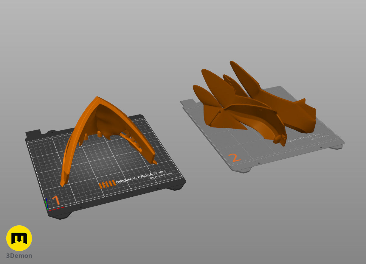 Slicer screenshot of Ekko Firelighter Mask Arcane STL parts on Prusa virtual print bed with green organic support structures shown