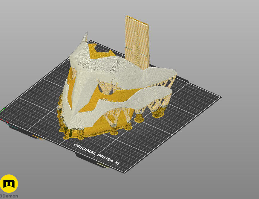 Multicolor 3MF print-ready render of Ekko Firelighter Mask Arcane showing color regions pink green blue yellow for multi-material 3D printing setup