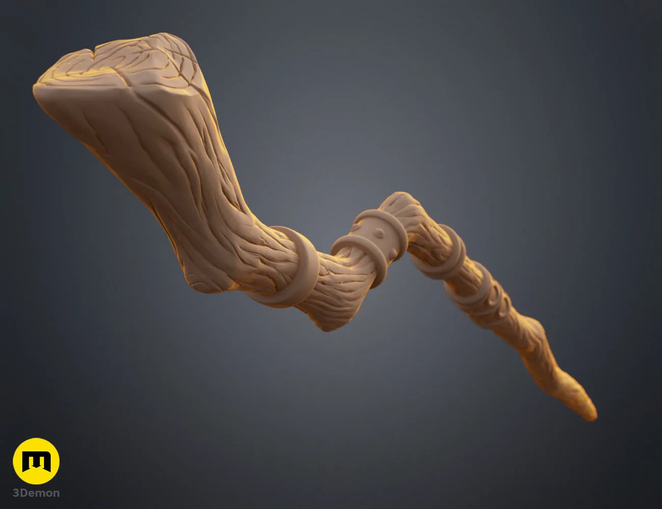 Painted 3D render low-angle view of Fern Staff Frieren head and upper shaft showing organic flowing proportions and how crescent head gracefully connects to shaft