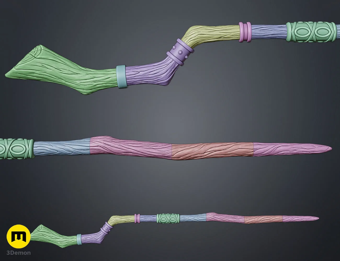 Clay render exploded assembly view of Fern Staff Frieren showing internal connection of shaft segments rings and staff head using alignment pegs and dowels in neutral grey