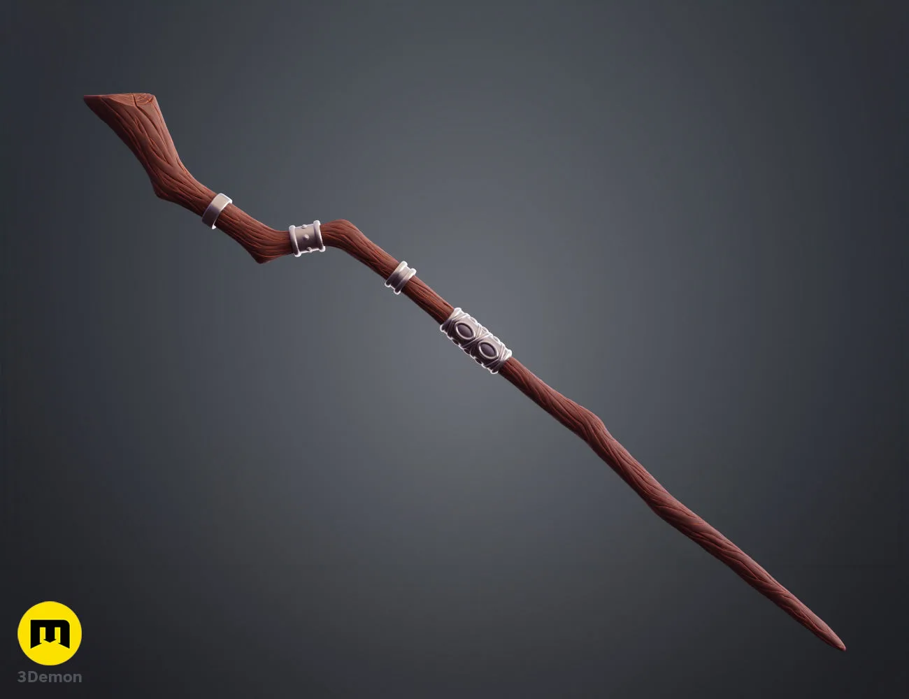 Painted 3D render rear-side angle of Fern Staff Frieren head showing elegant connection points where vine ornaments meet shaft and depth of crescent behind the purple gemstone
