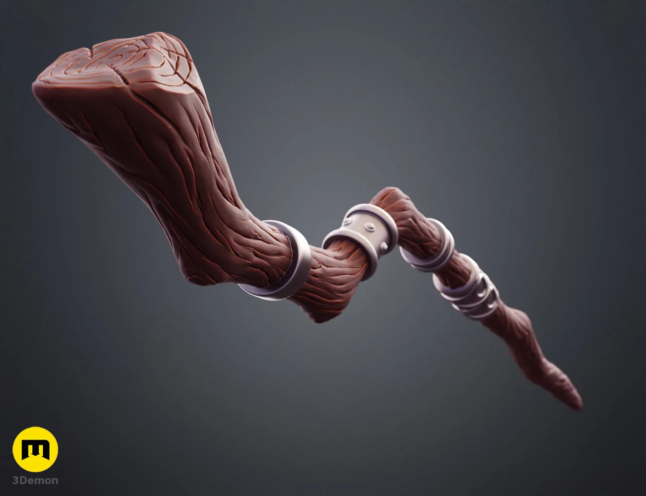 Promotional render of full Fern Staff Frieren vertical against cinematic dark misty background with purple glow crescent head and full shaft with FERN STAFF title and 3Demon logo