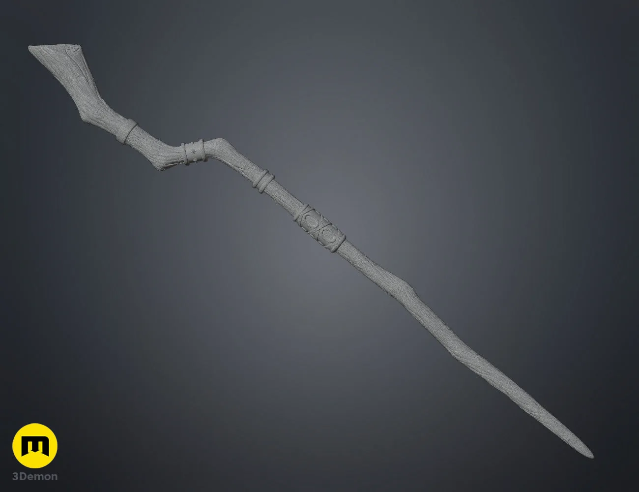Wireframe mesh technical view of Fern Staff Frieren head 3D model shown as blue polygon mesh on dark background with dense topology of crescent and vine details visible
