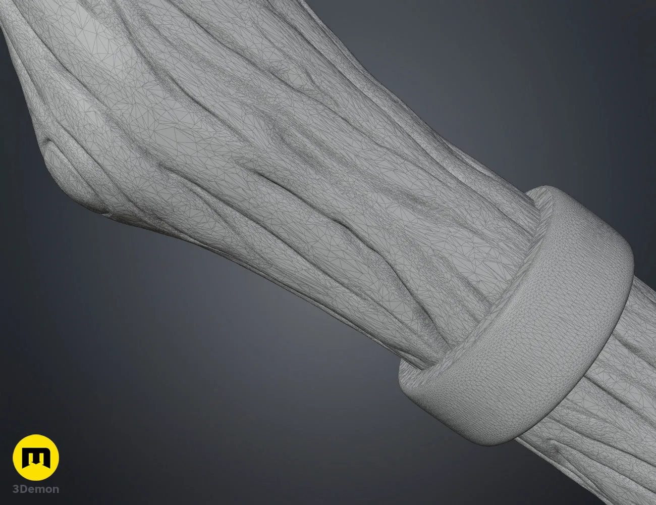 Wireframe mesh full view of Fern Staff Frieren entire staff 3D model in blue polygon mesh on dark background showing complexity of printable head shaft and ring components