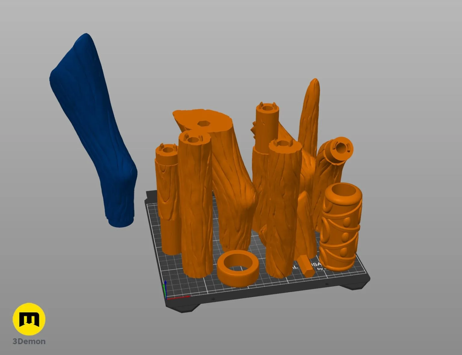 Slicer screenshot of Fern Staff Frieren head STL model in slicing software with visible support structures and layer paths ready for 3D printing including 3Demon logo