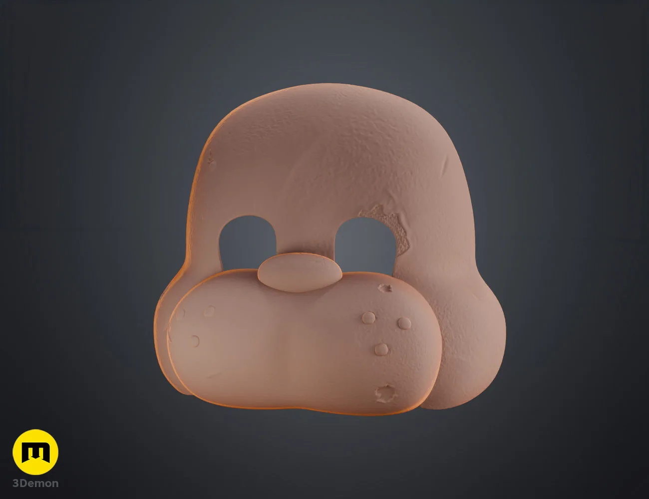 Clay render front three-quarter view of Freddy Fazbear mask in grey showing sculpted bear face tear damage holes round ears and muzzle proportions without texture