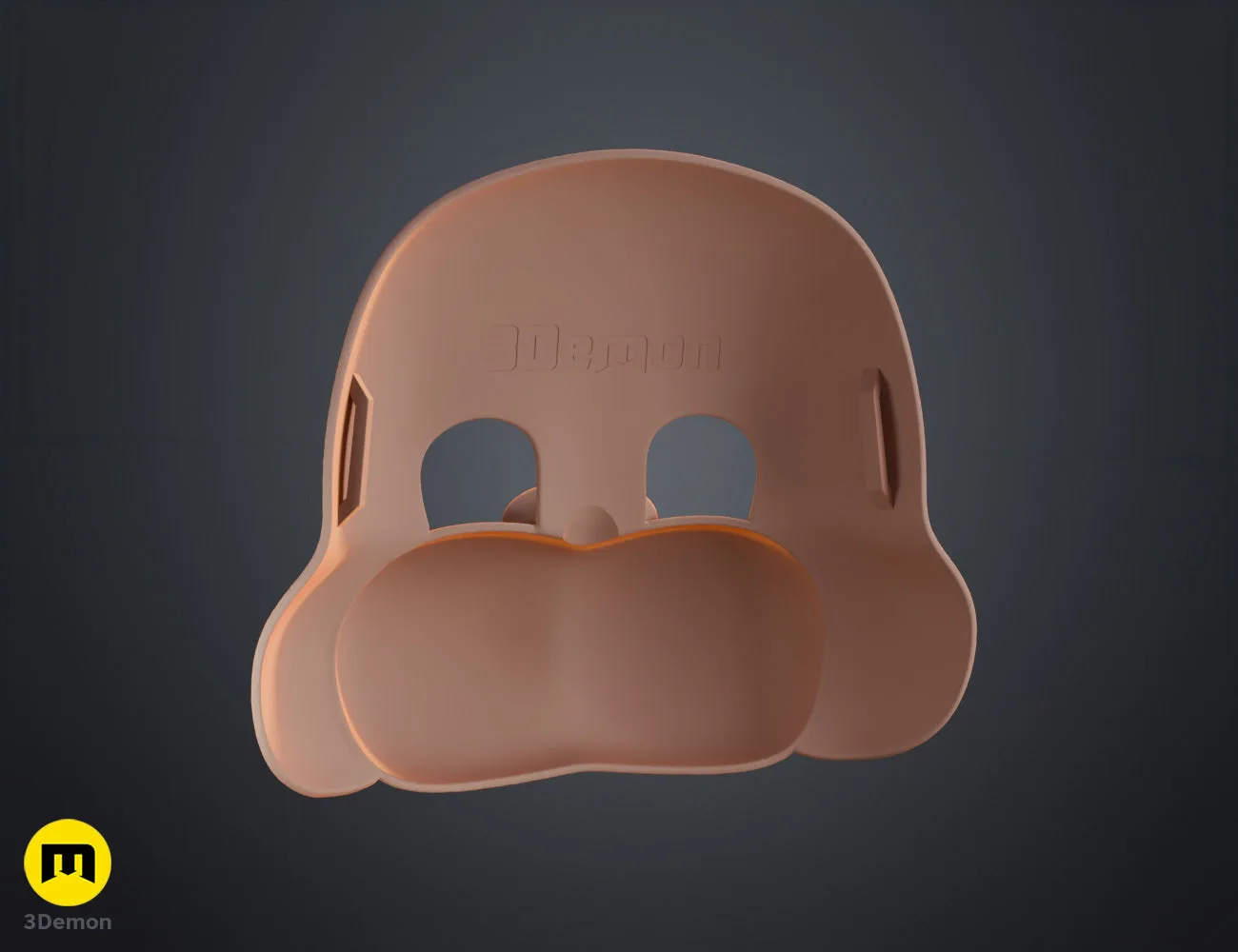 Clay render opposite three-quarter view of Freddy Fazbear mask showing other side roundness of cheeks muzzle profile and damage holes in neutral grey material