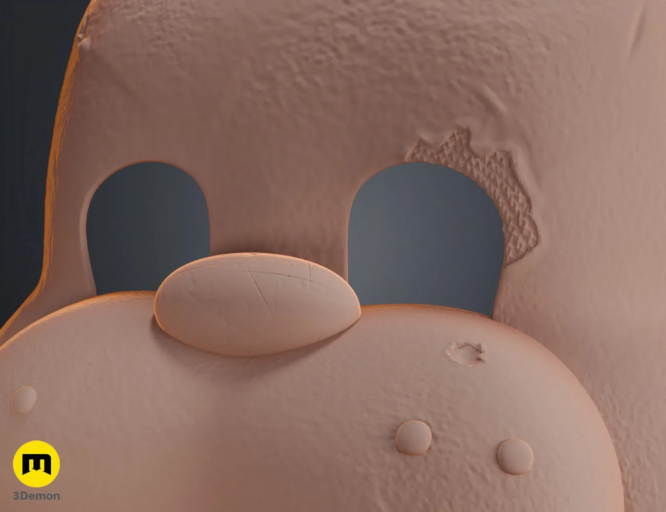 Clay render close-up of Freddy Fazbear mask right eye and muzzle area in grey showing wall thickness damage edges and eye socket geometry detail