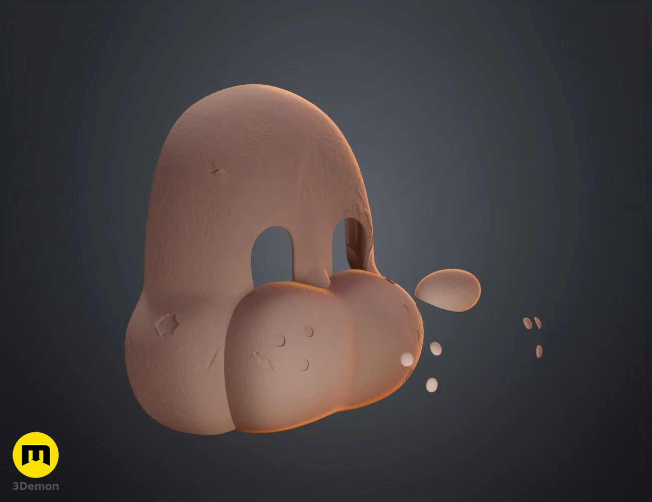 Clay render rear interior of Freddy Fazbear mask showing smooth hollow inside surface with rubber strap loop attachment points visible on each side in grey material