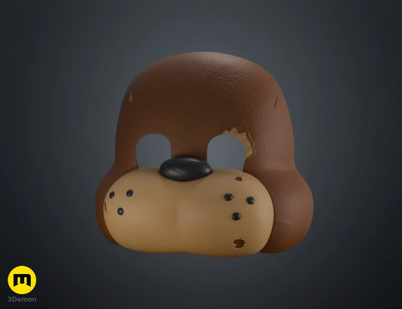 Colored digital render of Freddy Fazbear mask in three-quarter view showing realistic brown fur textures battle damage holes revealing lighter material underneath round ears and muzzle