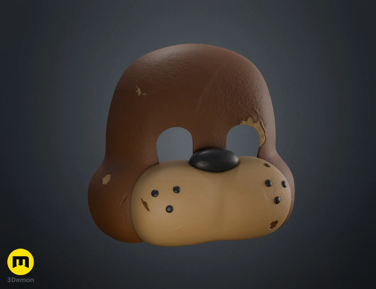 Colored render of Freddy Fazbear mask three-quarter view with full brown fur material and tan muzzle coloring under realistic studio lighting showing complete texture detail