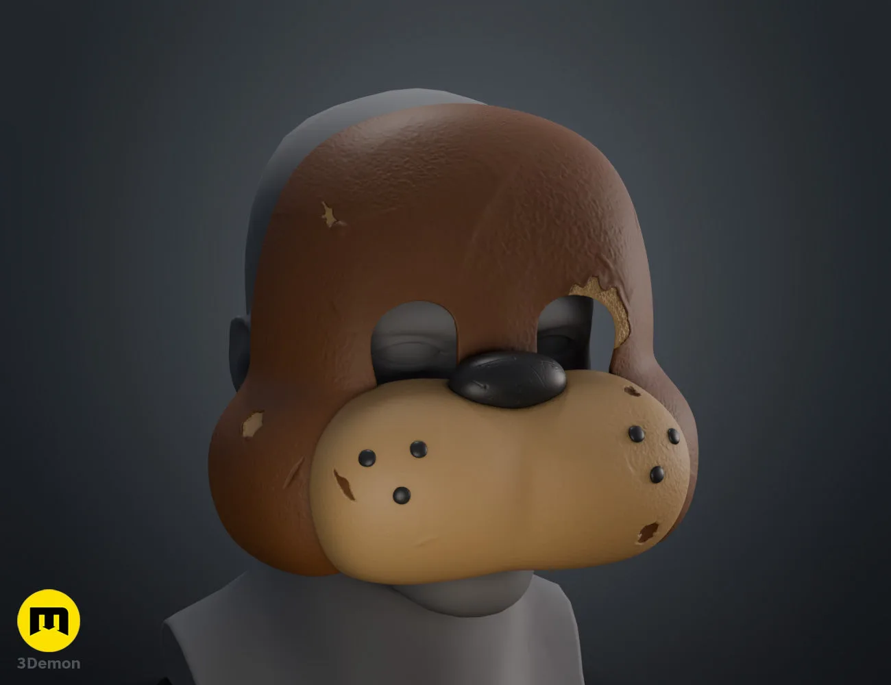 Colored render rear interior view of Freddy Fazbear mask showing dark rough interior material finish and rubber strap loop positions on edges of mask
