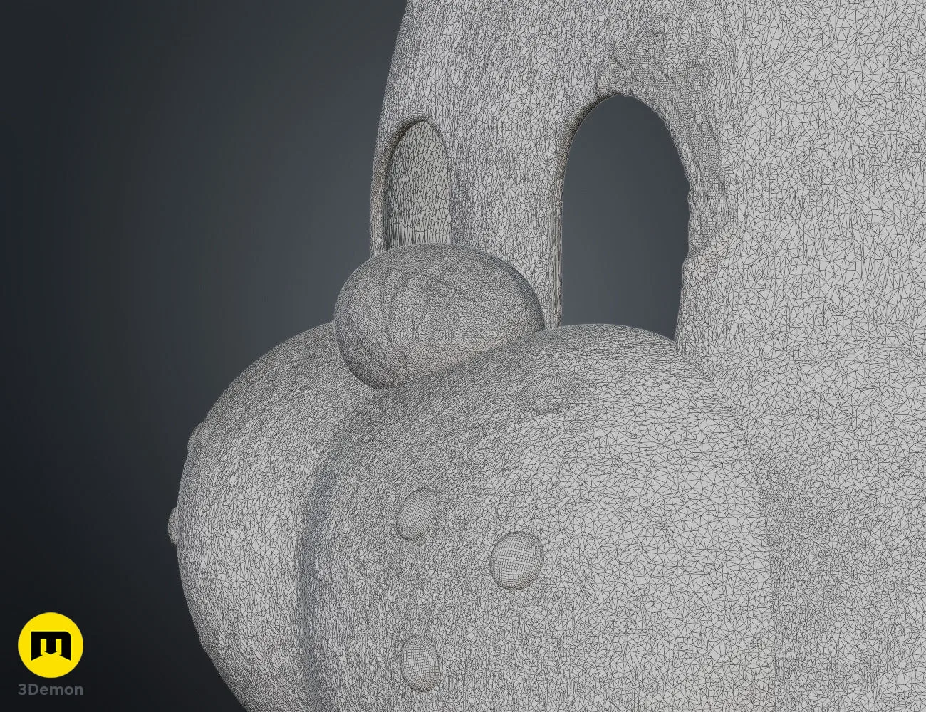 Wireframe mesh three-quarter view of Freddy Fazbear mask showing high-density triangular polygon structure across full face bear ears and muzzle geometry