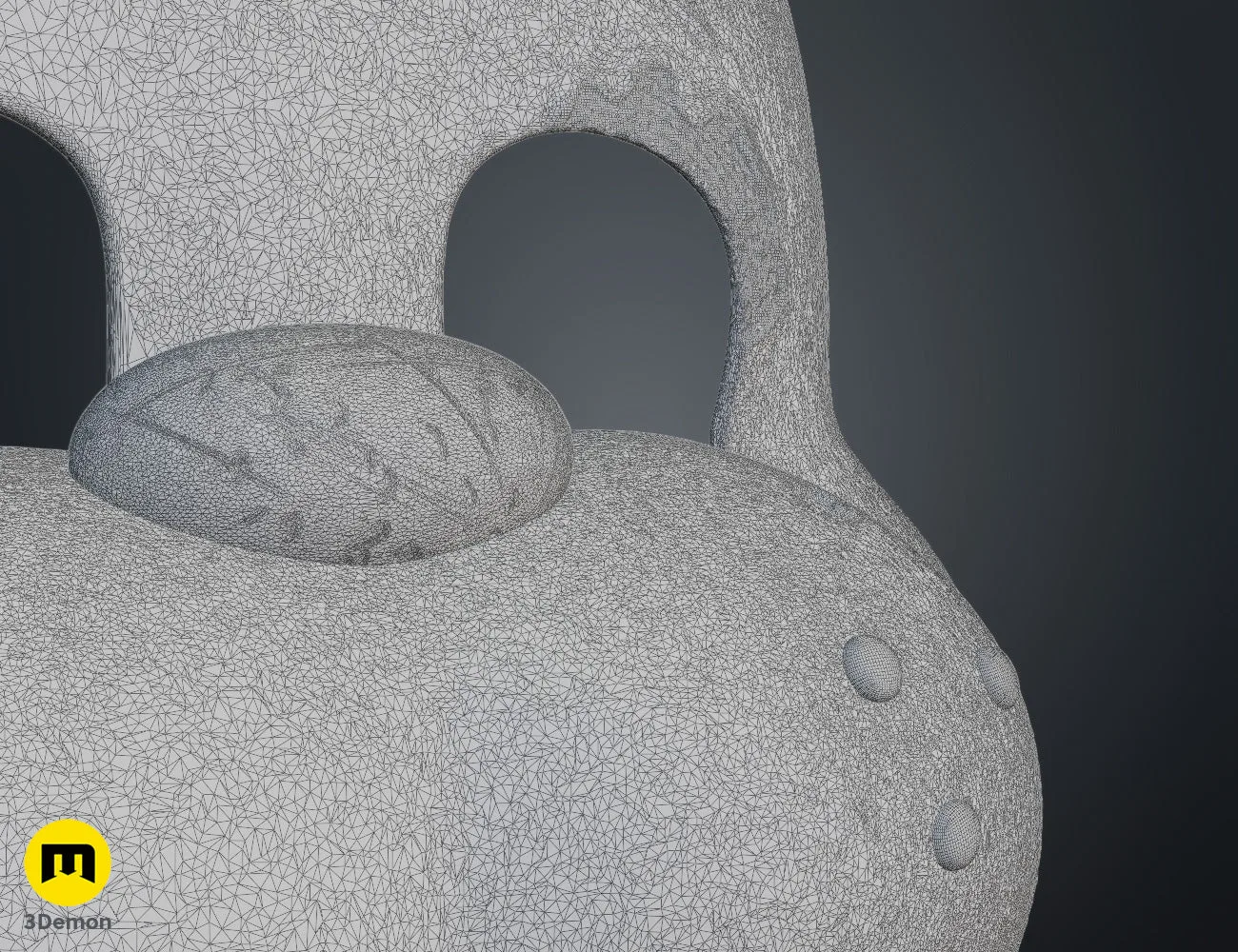 Wireframe mesh close-up of Freddy Fazbear mask muzzle and eye area showing detailed polygon topology density around facial features and damage holes