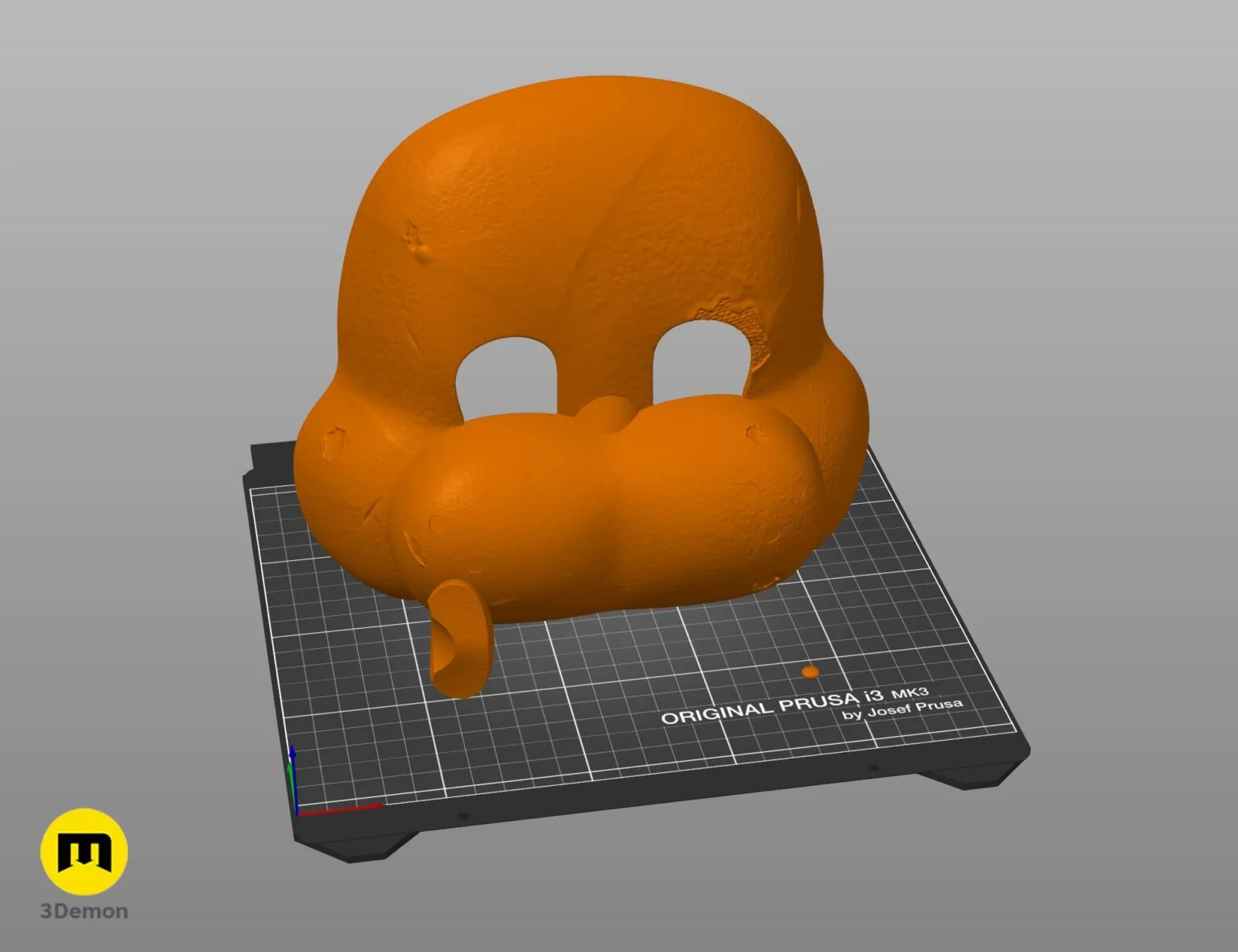 PrusaSlicer screenshot of Freddy Fazbear mask STL oriented vertically on virtual print bed with orange organic tree support structures visible for FDM printing