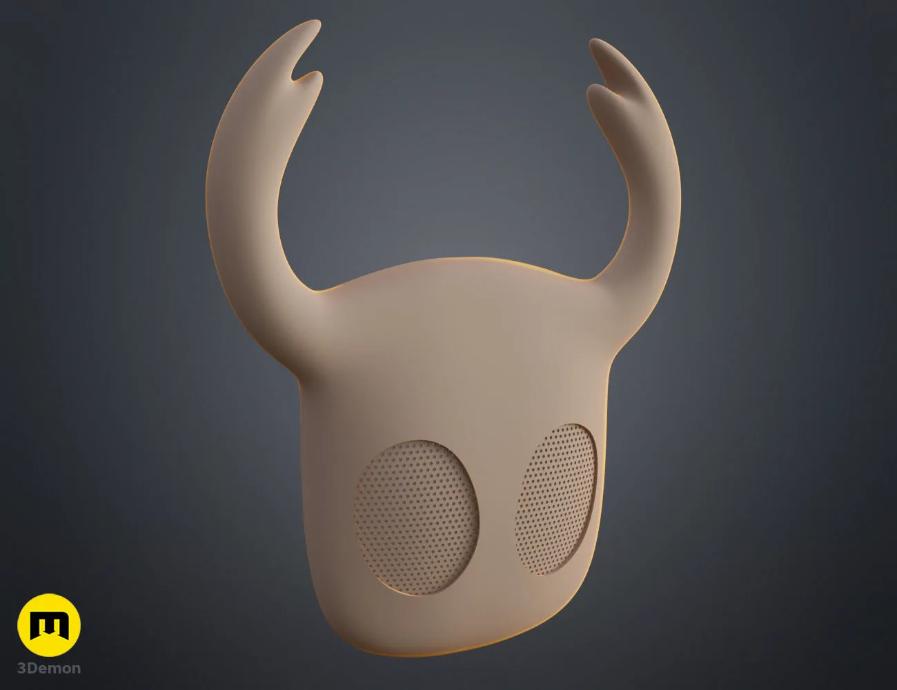 Natural tan 3D render of Hollow Knight Ghost Face Mask with mesh eyes and 3Demon logo front view