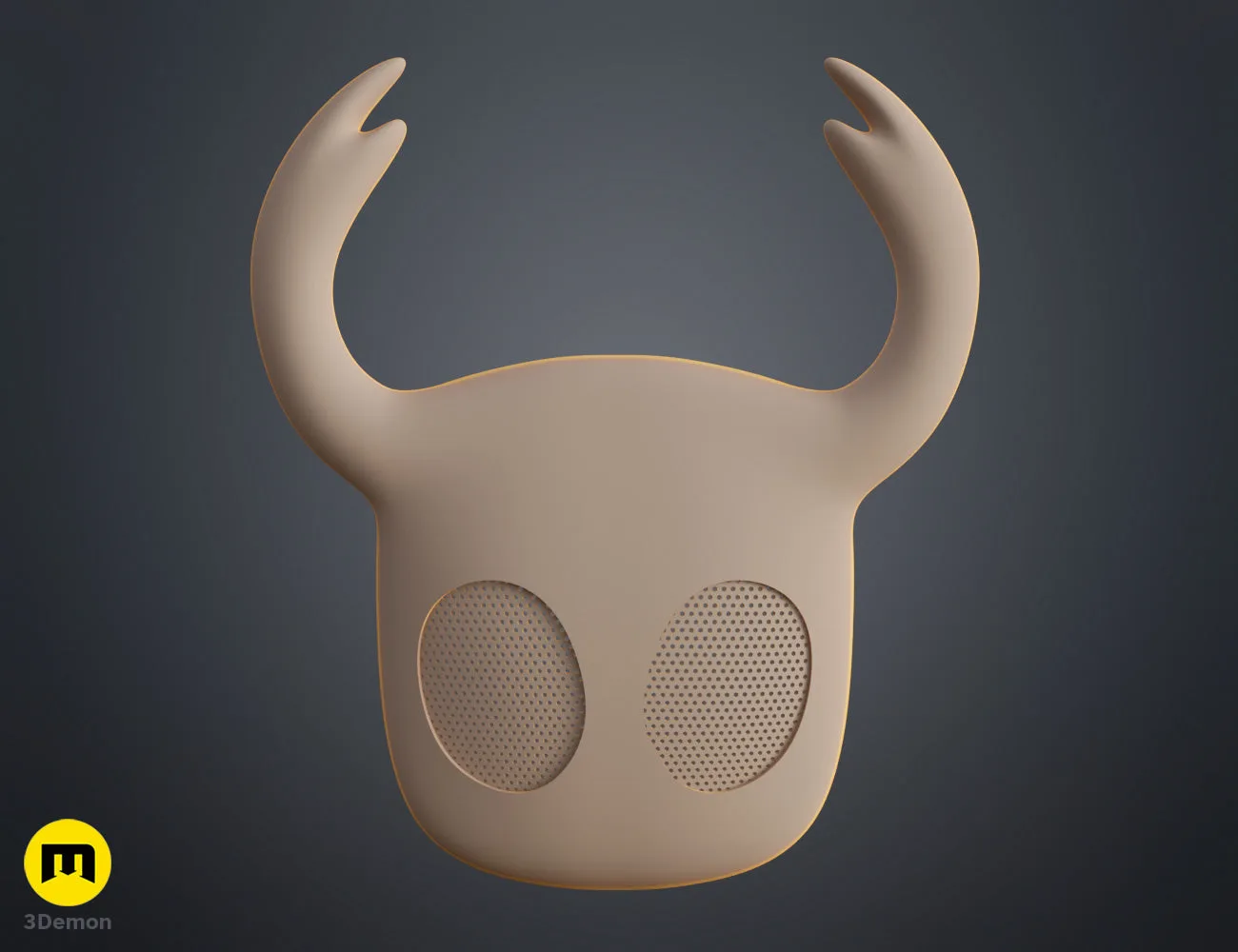 Front view natural tan 3D render of Hollow Knight Ghost Face Mask with mesh eyes and 3Demon logo