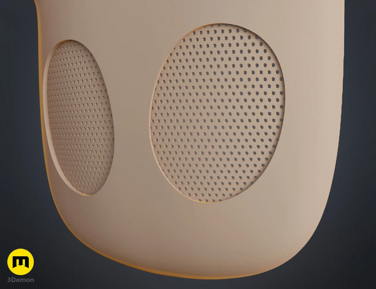 Close-up natural tan 3D render of Hollow Knight Ghost mask eyes showing mesh detail and 3Demon logo