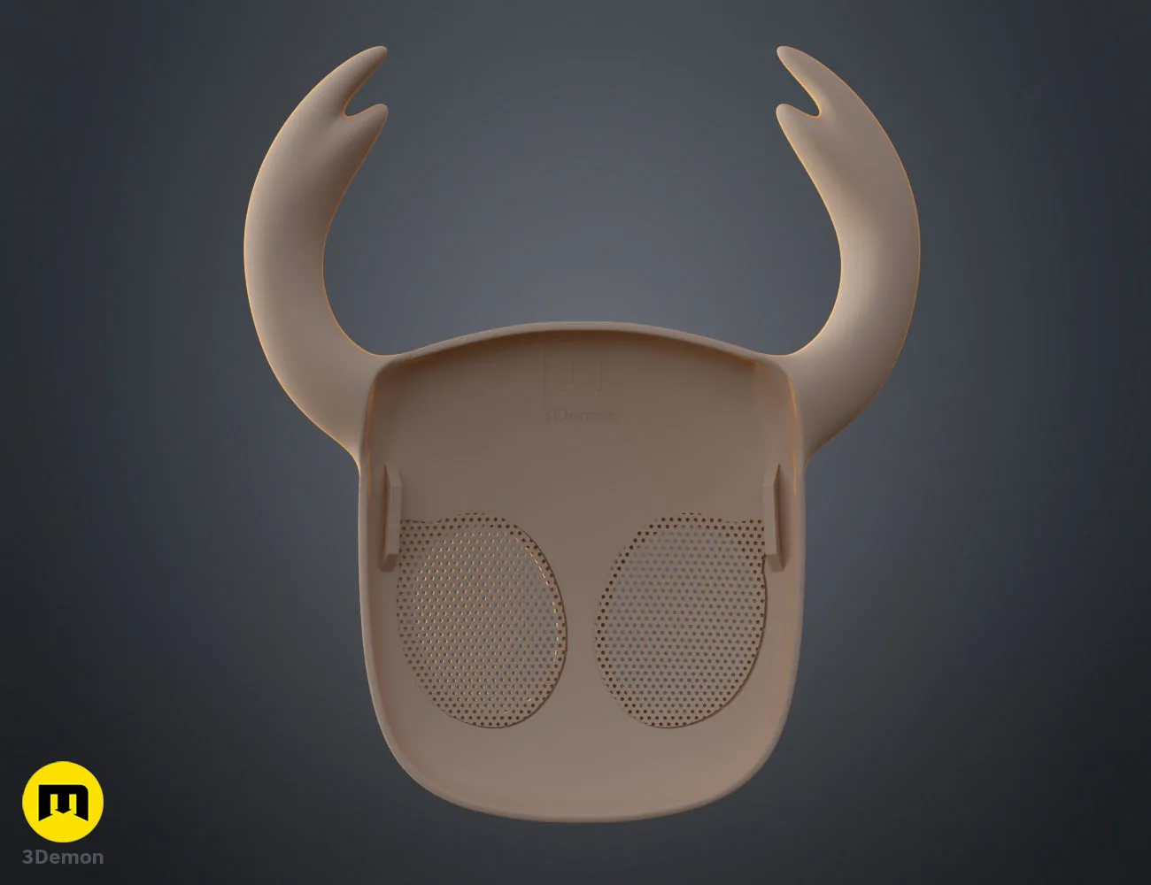 Back view natural tan 3D render of Hollow Knight Ghost Face Mask with mesh eye covers and 3Demon logo