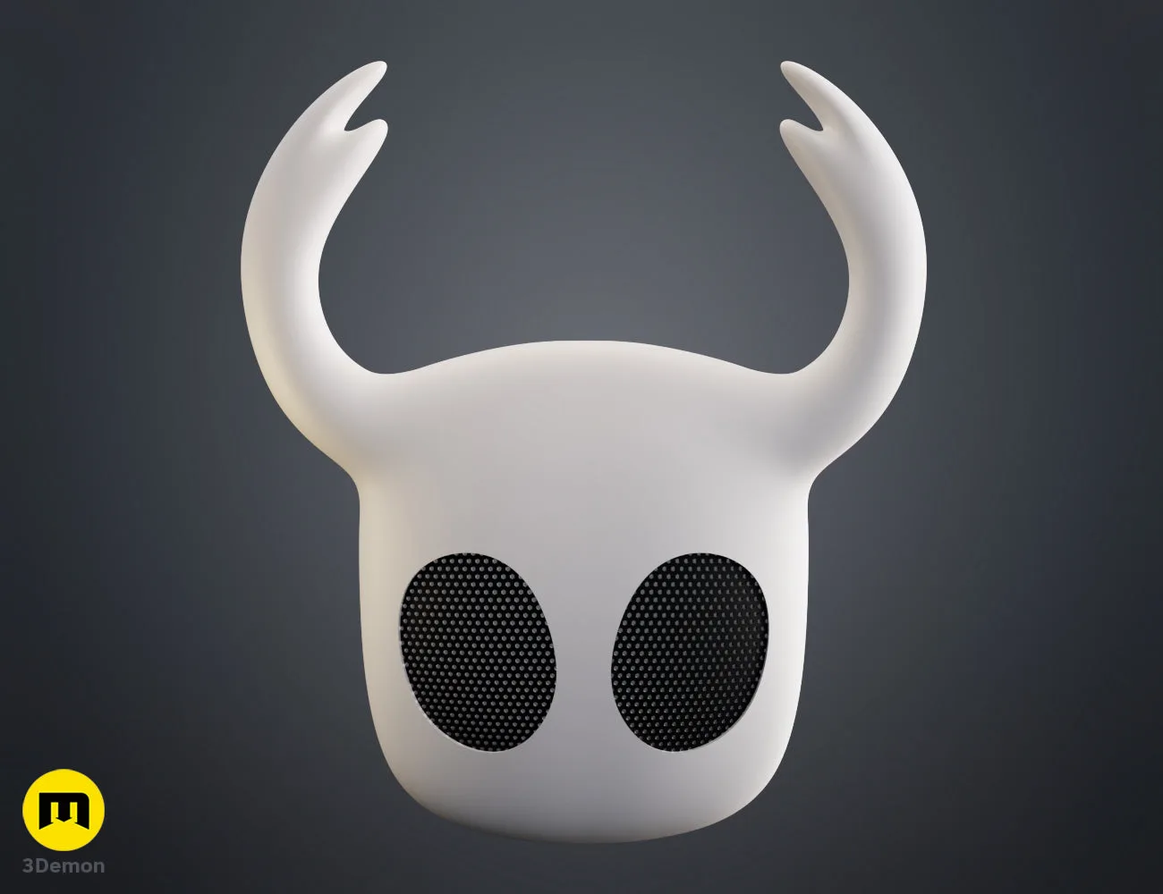Painted 3D render of white Hollow Knight Ghost Face Mask with black mesh eyes and 3Demon logo front view