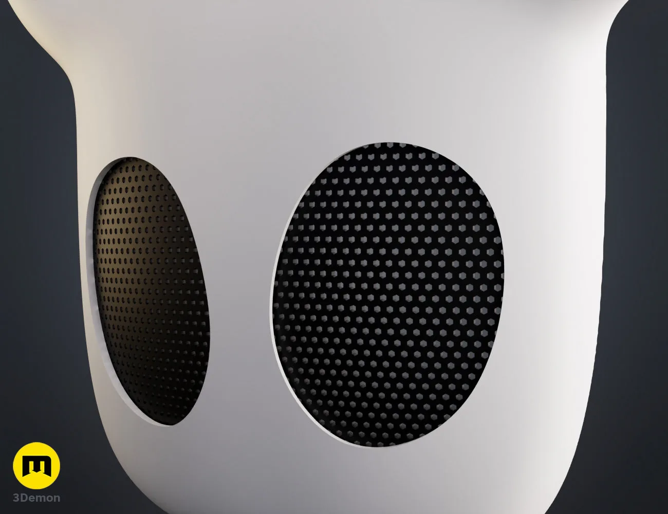Close-up painted 3D render of Hollow Knight Ghost mask eyes showing black honeycomb mesh texture by 3Demon