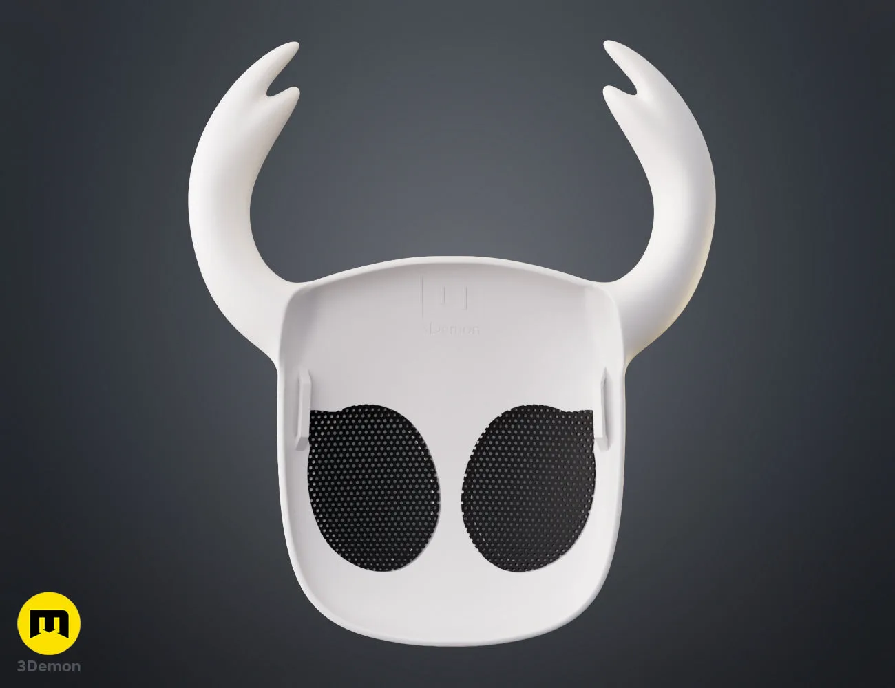 Back view painted 3D render of white Hollow Knight Ghost mask showing interior shell and mesh eyes by 3Demon