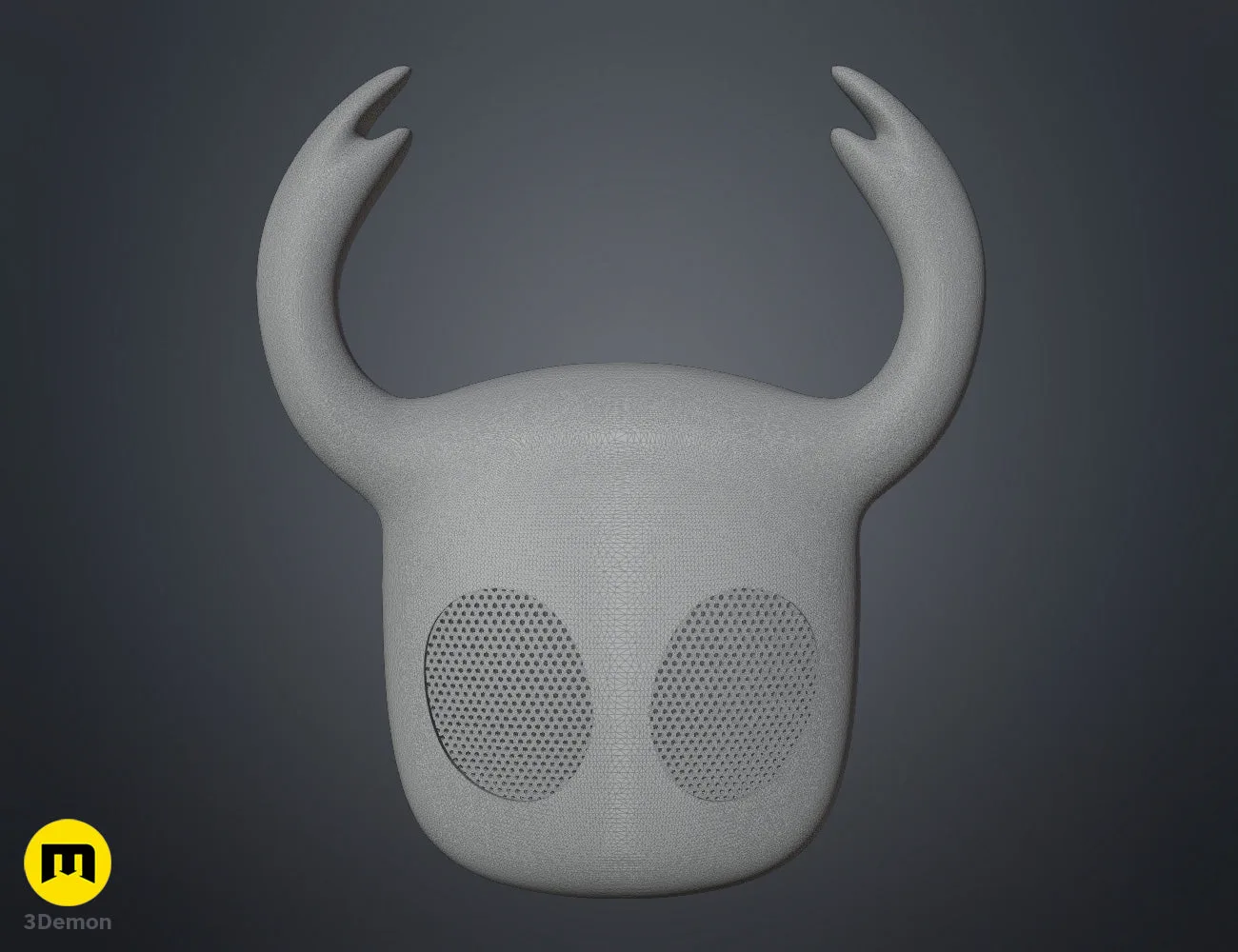 Clay render of Hollow Knight Ghost Face Mask showing detailed geometry and honeycomb mesh eye structure
