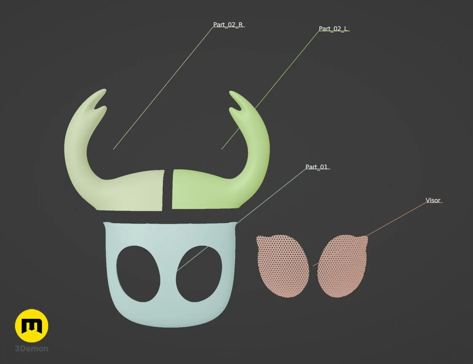 Assembly guide render of Hollow Knight Ghost Mask STL showing Part_01, Part_02_L, Part_02_R and Visor components