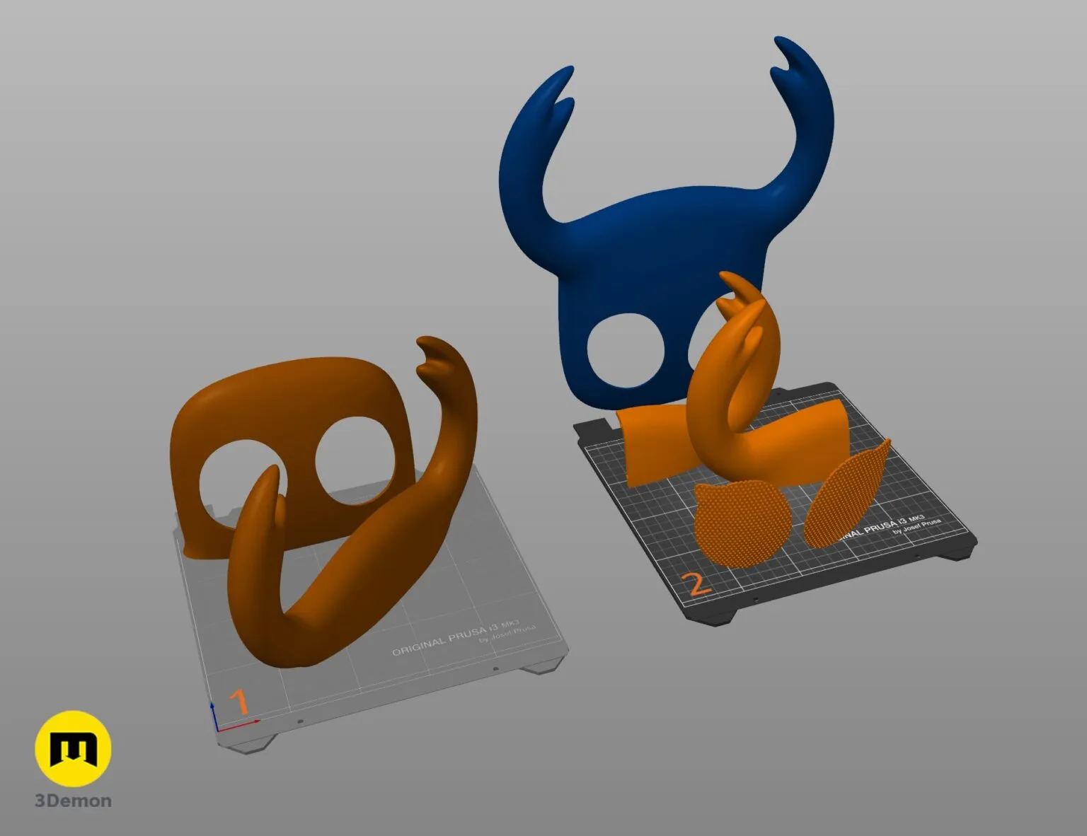 Slicer screenshot of Hollow Knight Ghost mask parts arranged on two Prusa i3 MK3 print beds for 3D printing