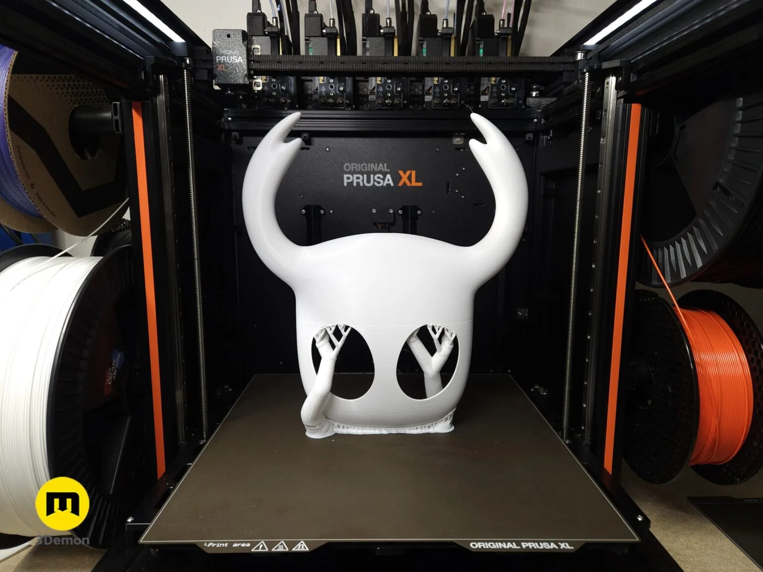 Hollow Knight Ghost Face Mask freshly 3D printed on Prusa XL with support structures still attached