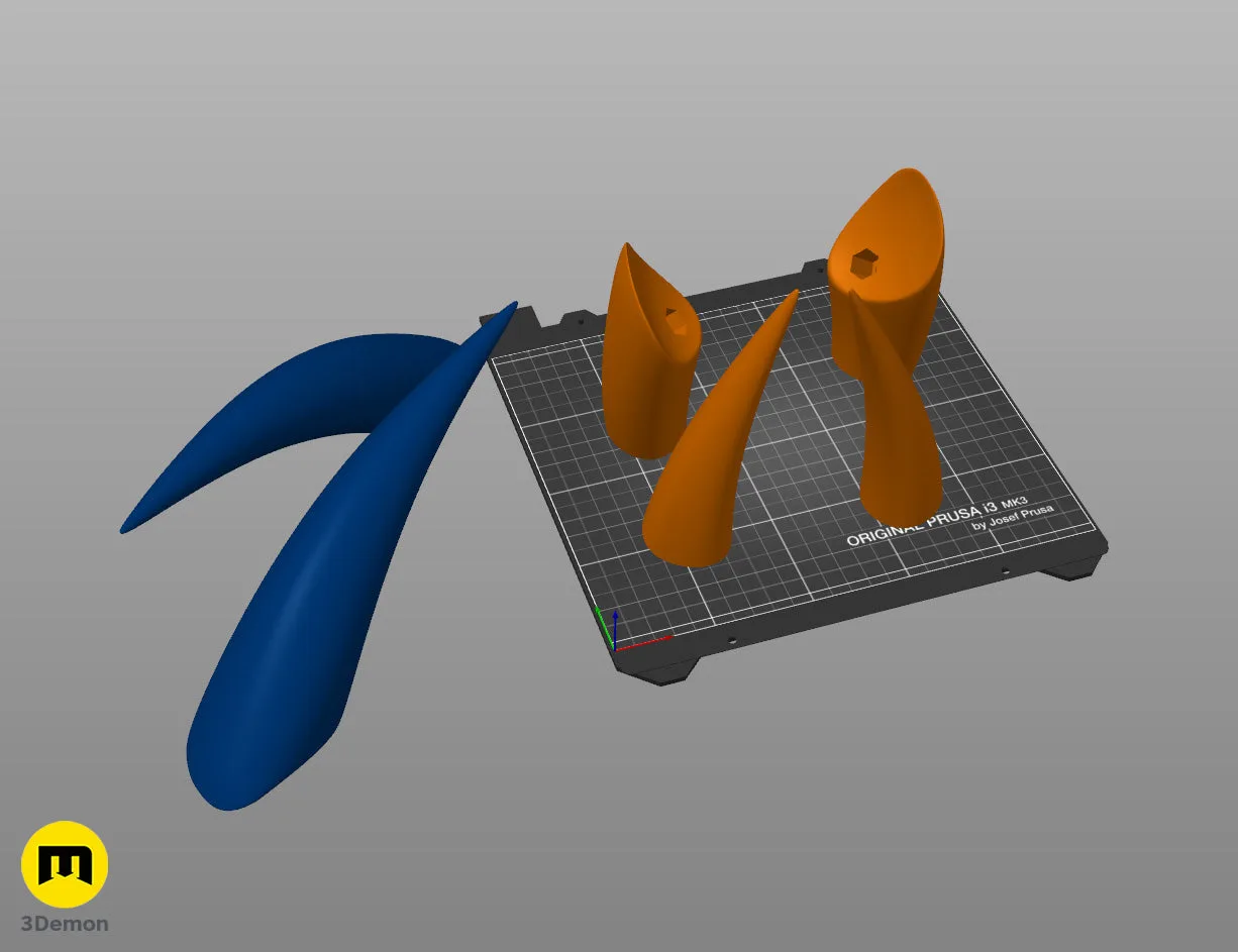Slicer screenshot of Hollow Knight Hornet horns STL parts arranged on 3D printer bed by 3Demon