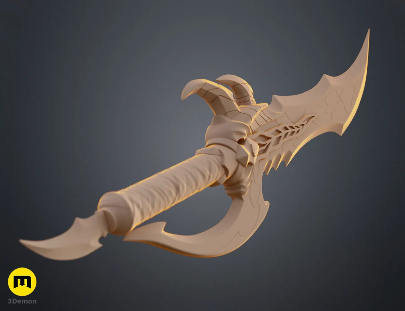 3D print preview of Solo Leveling Kasaka's Venom Fang, beige 3D printed cosplay prop, side view with intricate handle...