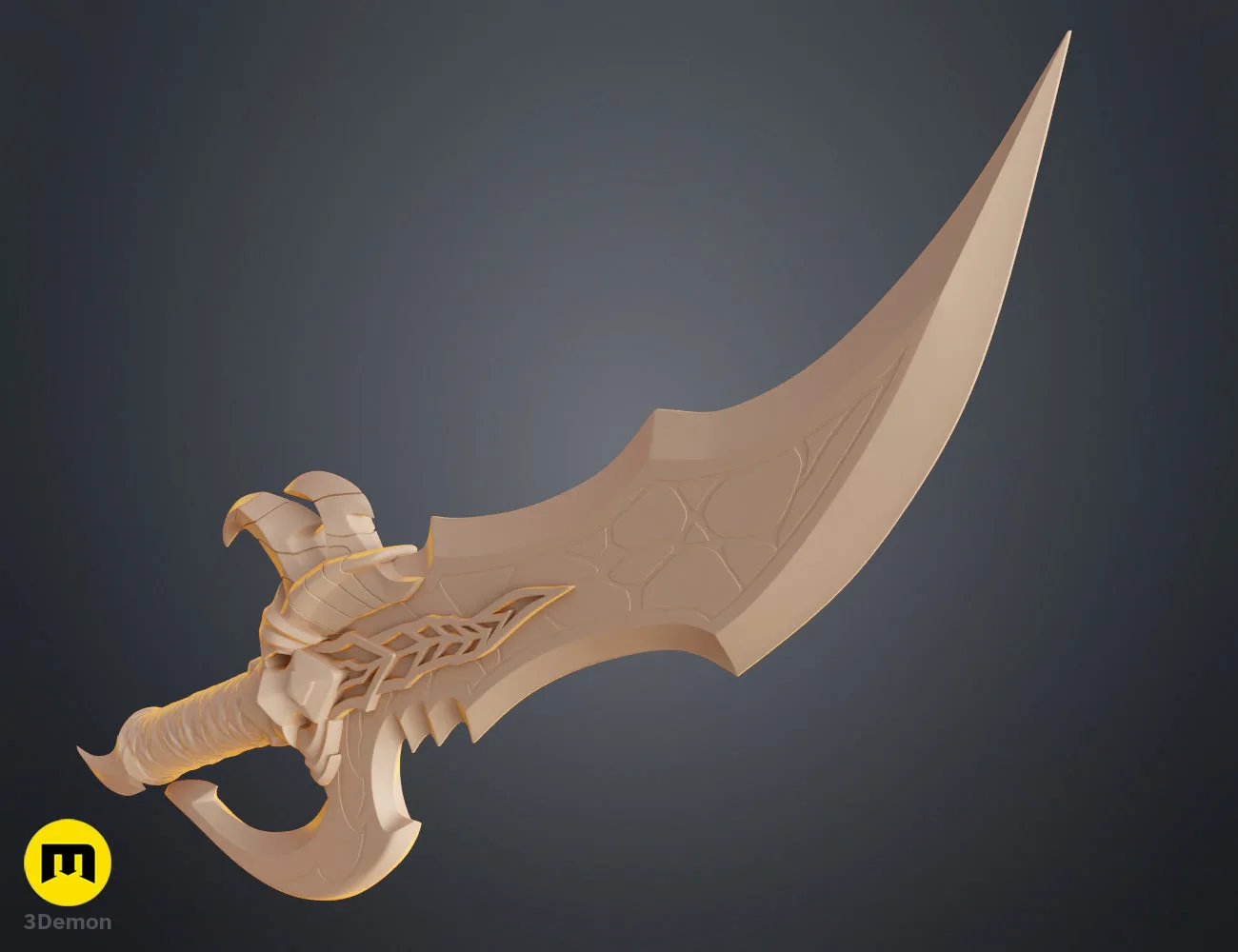 Printable 3D model of Solo Leveling Kasaka's Venom Fang, beige scimitar with dragon head hilt, 3D print cosplay prop