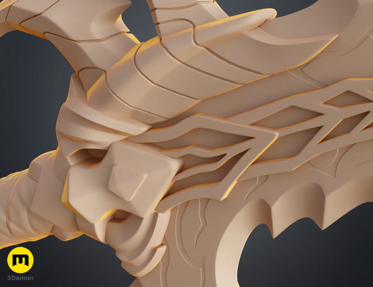 Digital 3D render of Solo Leveling Kasaka's Venom Fang, beige 3D printed cosplay prop, close-up of textured arm detail