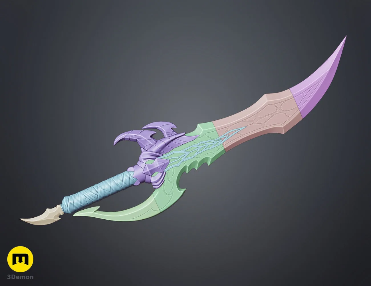 STL preview of Solo Leveling Kasaka's Venom Fang, purple and green 3D print cosplay prop, side view