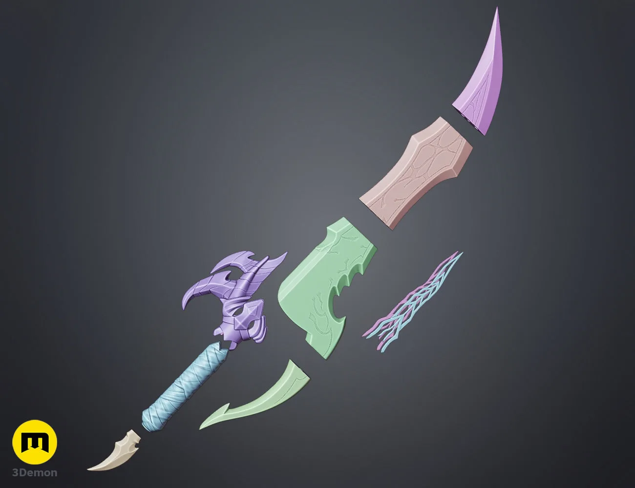 3D visualization of Solo Leveling Kasaka's Venom Fang, disassembled parts, 3D print cosplay prop