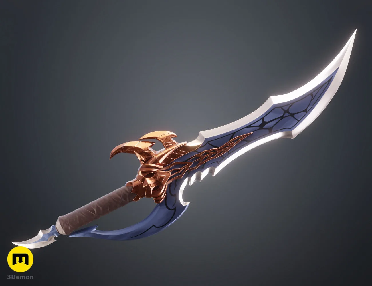 Rendered 3D model of Solo Leveling Kasaka's Venom Fang, curved sword with copper and brown details, blue blade with b...