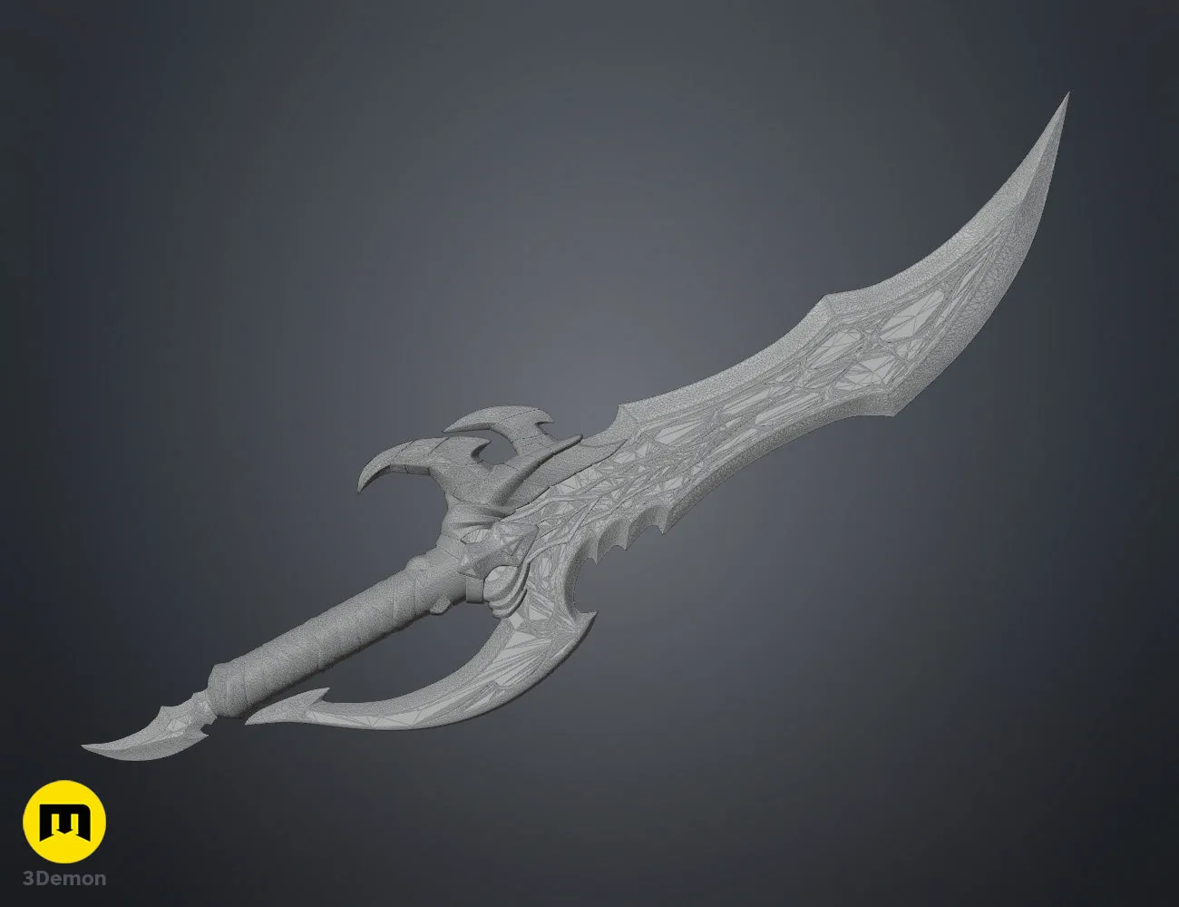 CGI render of Solo Leveling Kasaka's Venom Fang STL, gray textured 3D print cosplay prop, side view