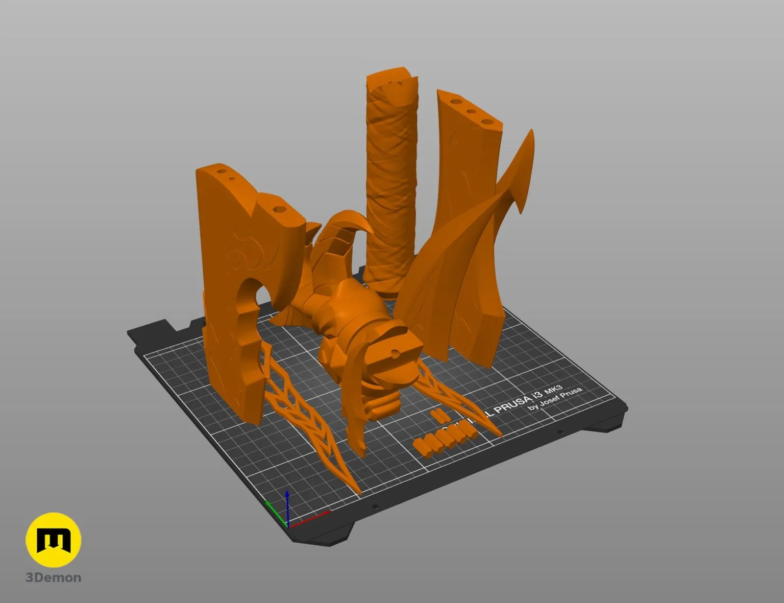 STL preview of Solo Leveling Kasaka's Venom Fang, orange 3D print cosplay prop on Prusa i3 MK3 bed