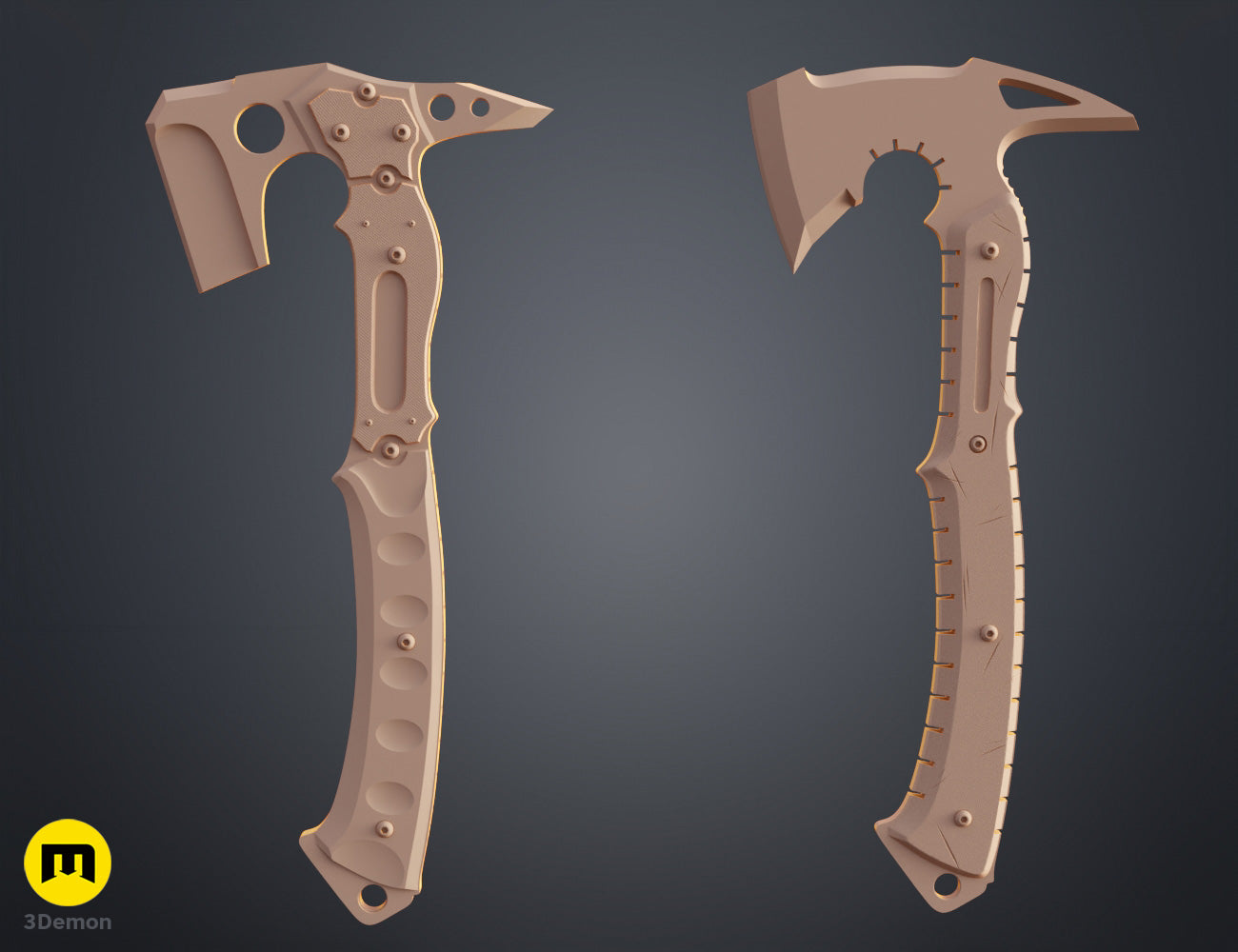 Clay render front diagonal view of Leon hatchet Resident Evil Requiem STL in tan uniform color showing blade circular cutout