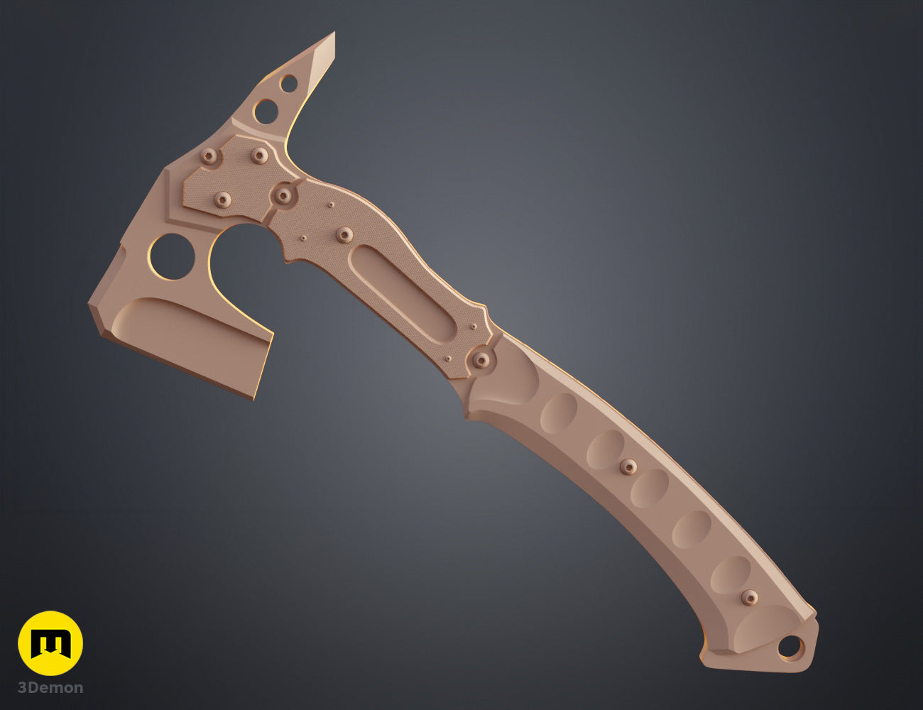 Clay render extreme close-up of Leon hatchet handle cross-hatch grip texture and four socket head screws in tan material