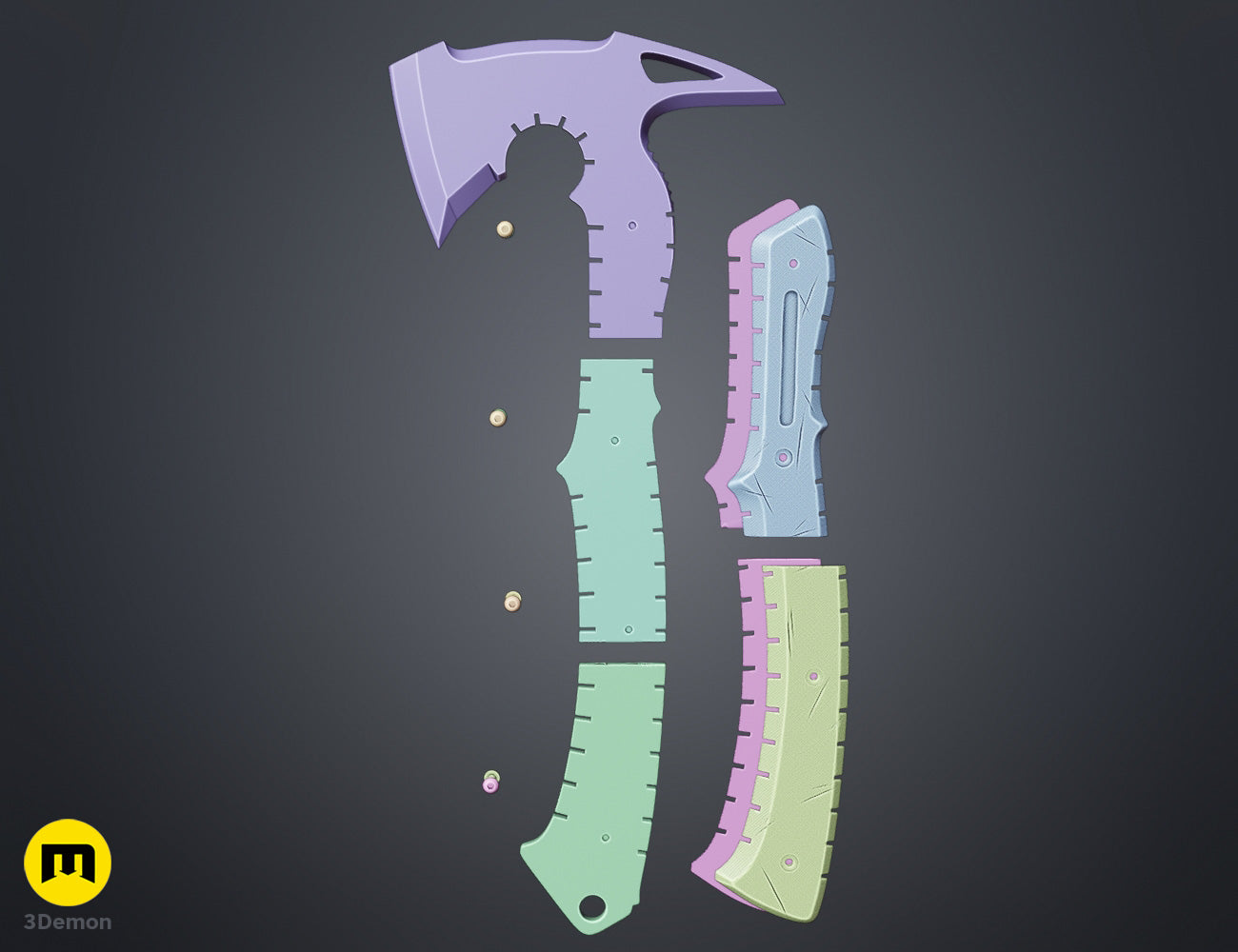 Assembly guide clay render of Leon hatchet RE Requiem showing two handle halves and blade separated with alignment pins visible