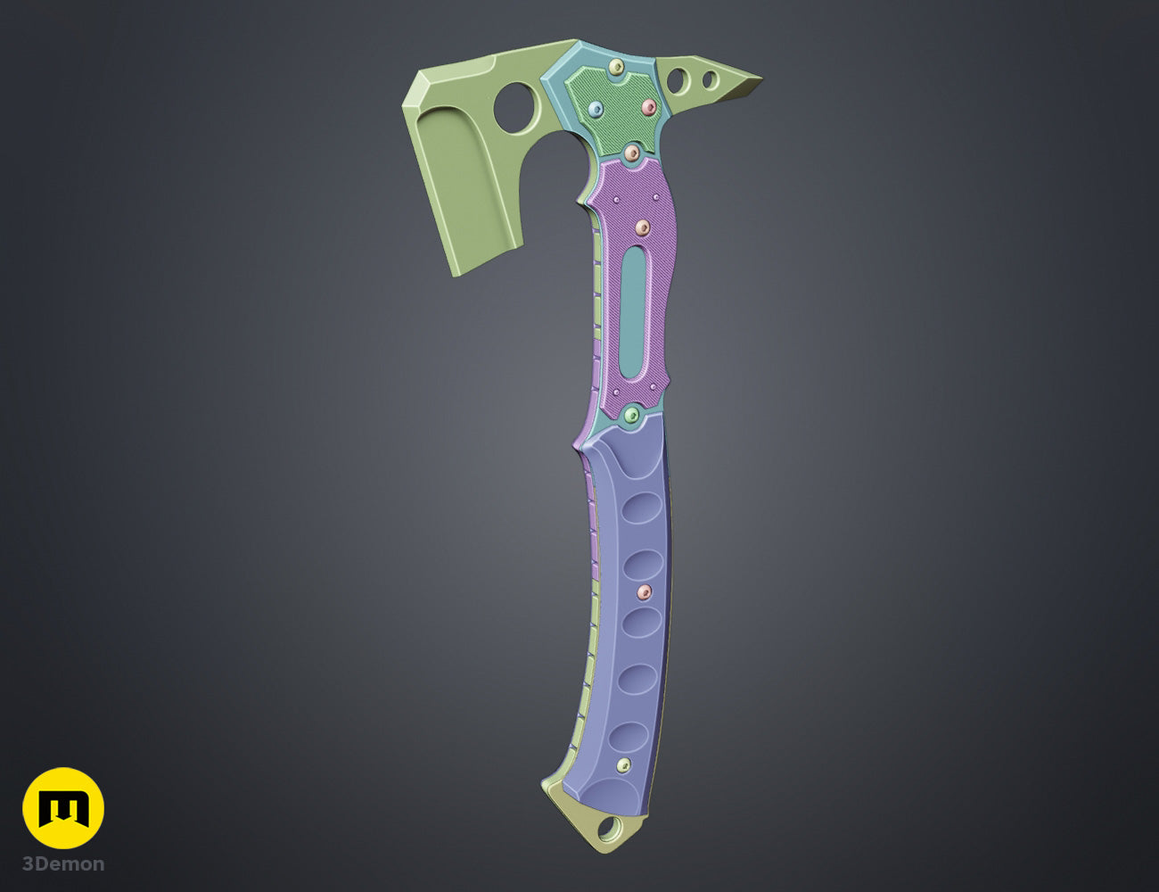 Assembly guide side view clay render of Leon hatchet RE Requiem handle halves and blade component separated with sandwich pin connection