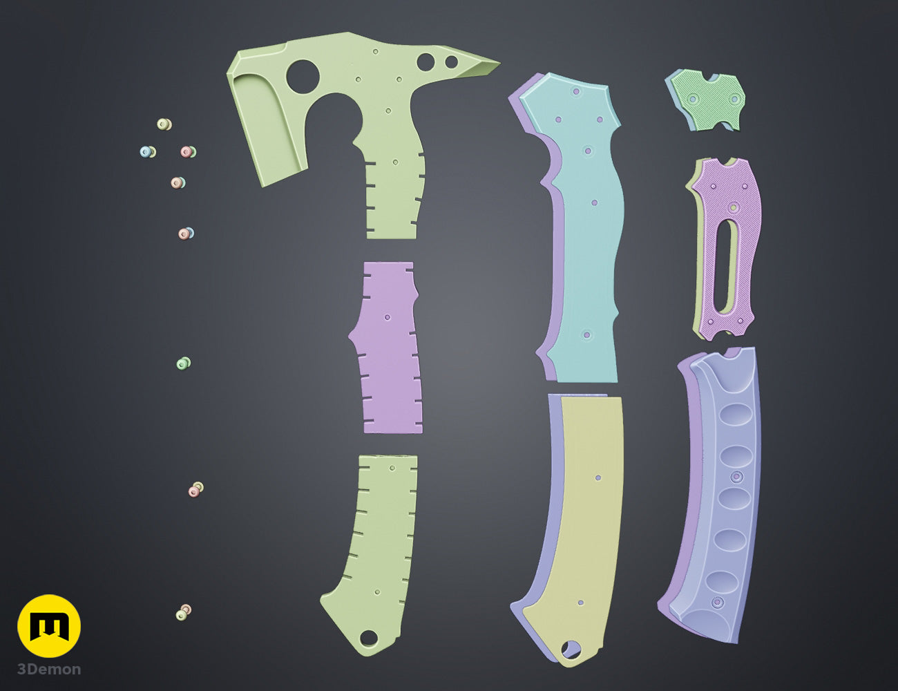 Assembly comparison clay render of Leon hatchet RE Requiem two STL variants side by side notched spine vs standard blade