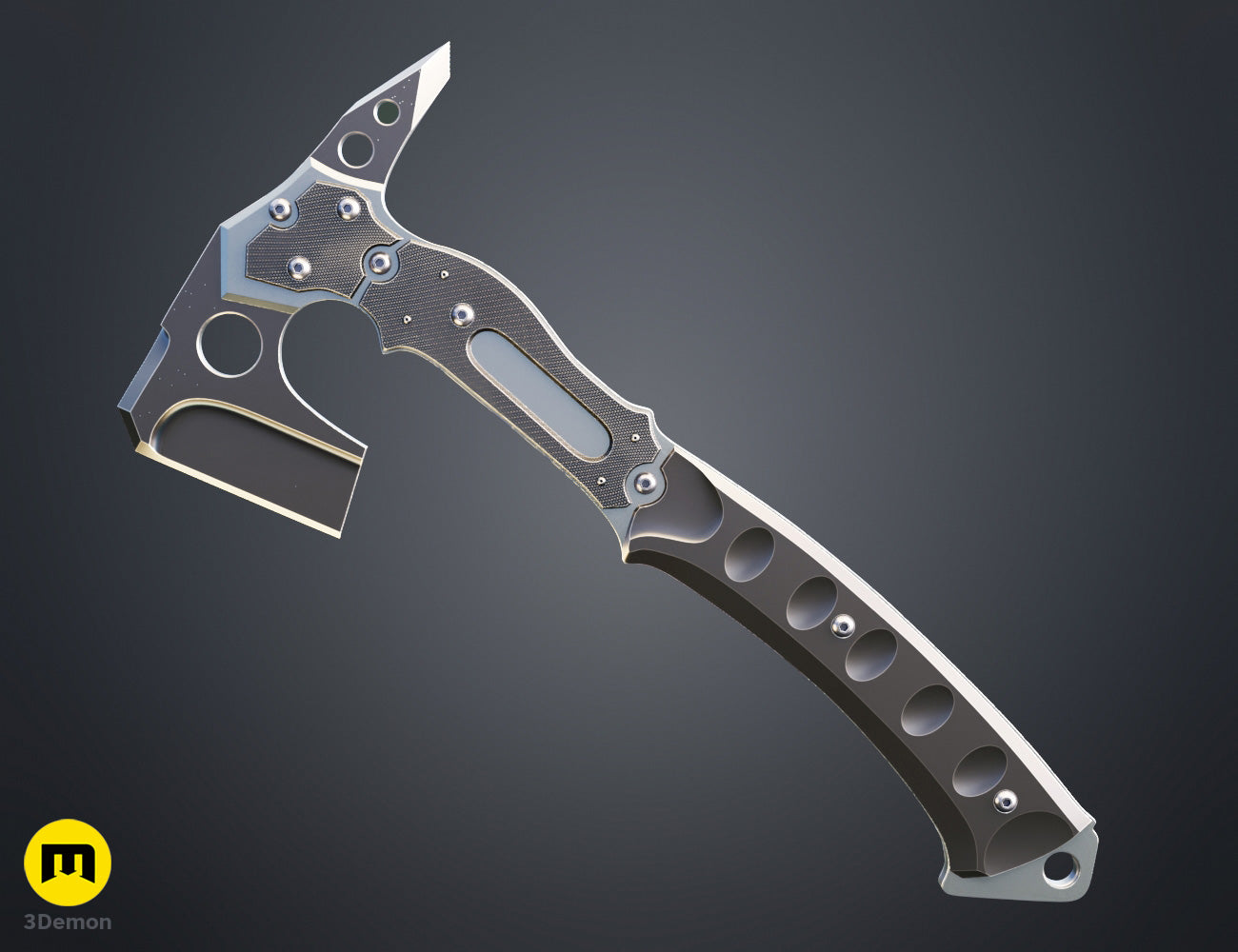 Painted 3D render side view of Leon Resident Evil Requiem hatchet silver metallic blade with circular cutout and light reflection