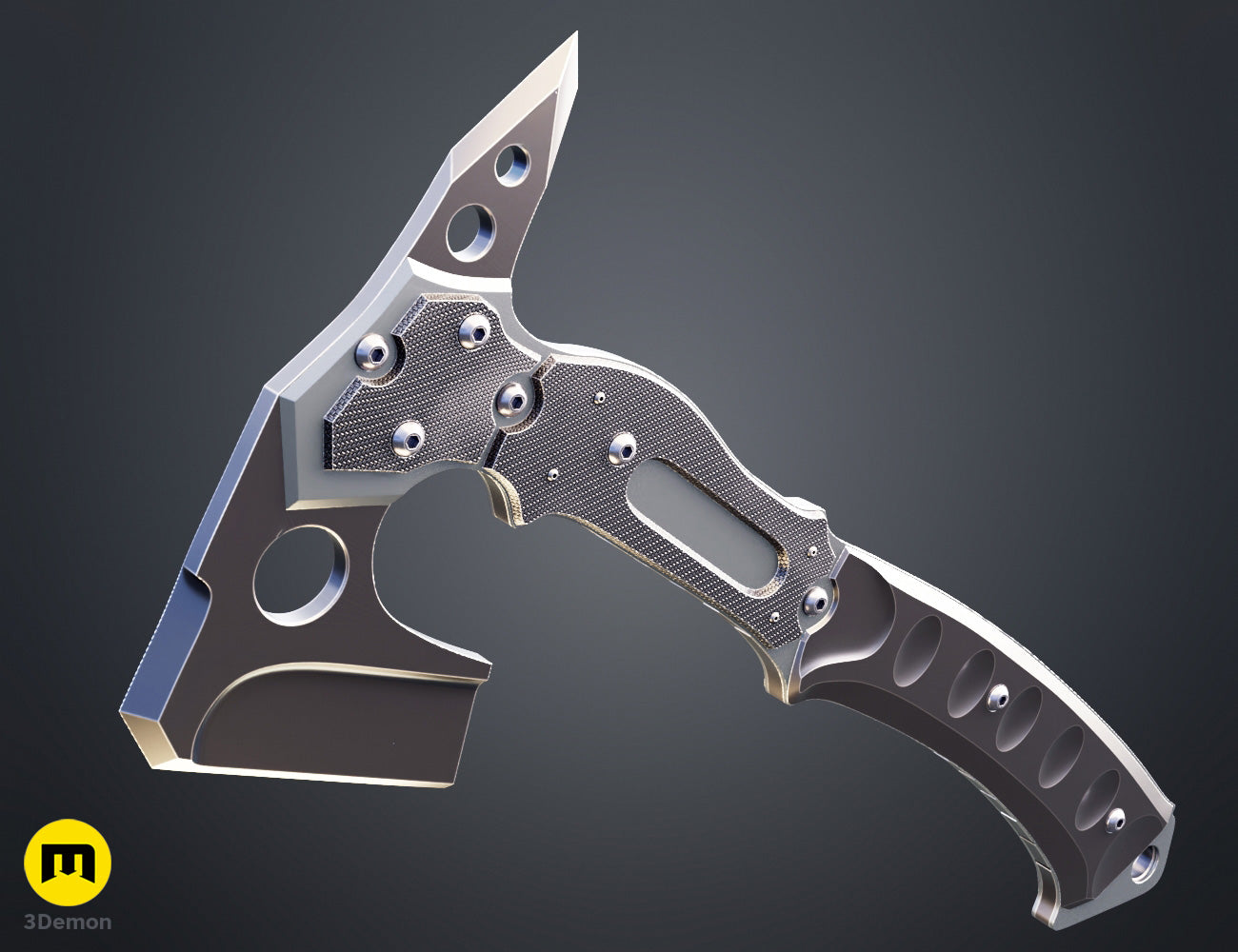 Painted 3D render close-up of Leon hatchet Resident Evil Requiem handle cross-hatch grip texture and hexagonal screws detail