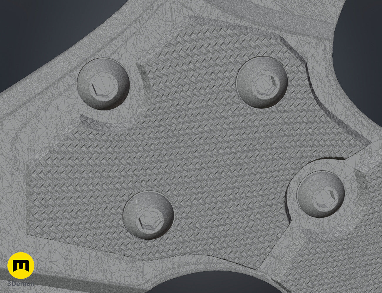 Wireframe mesh render close-up of Leon hatchet handle area showing complex polygon geometry of cross-hatch grip and screw detail