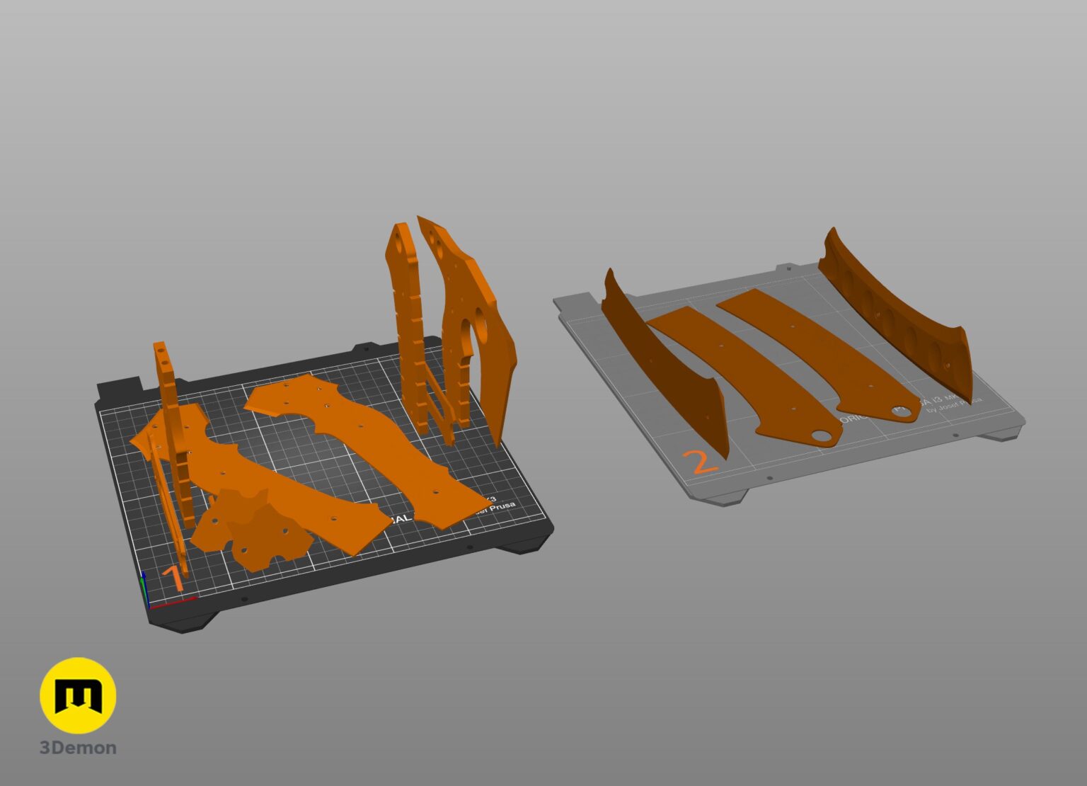 Slicer screenshot of Leon hatchet Resident Evil Requiem STL blade halves handle and pin parts color-coded on PrusaSlicer virtual bed